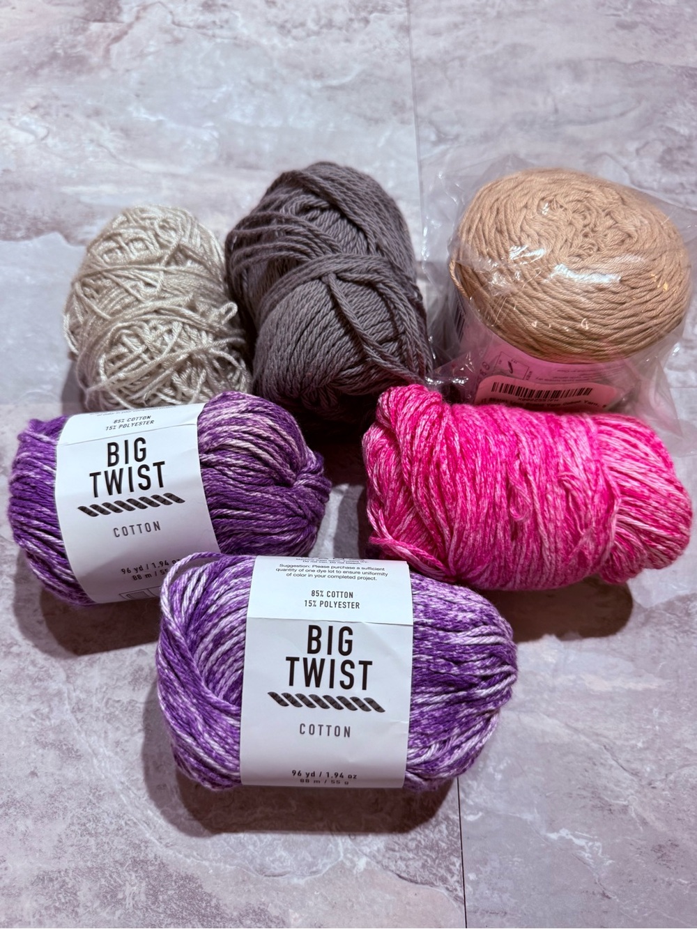 Destash Lot of 6 Cotton Blend Yarn Skeins – Variegated Purple/Pink & Neutrals